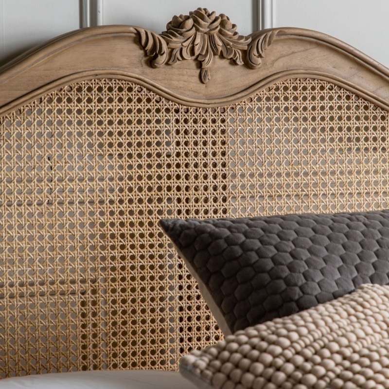 Headboard with Carved Floral Crest, Weathered Wood & Arched Cane