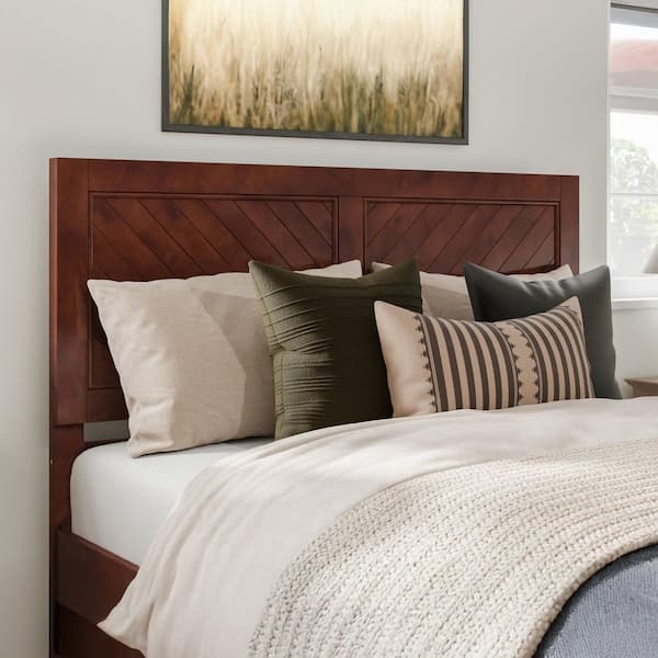 Headboard with Chevron Pattern in Walnut Finish, Rustic Wood Design