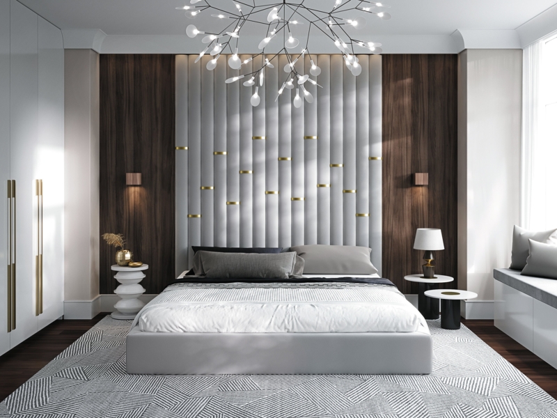 Headboard with Floor to Ceiling Scale, Vertical Channels & Gold Accents