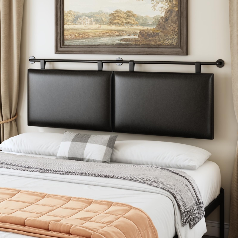 Headboard with Industrial Rod and Black Padded Panels