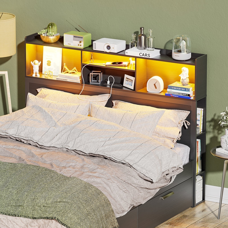 Headboard with Integrated LED Lighting and Built-In Charging Ports