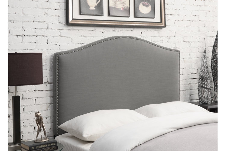 Headboard with Nailhead Trim, Camelback Silhouette & Gray Upholstery