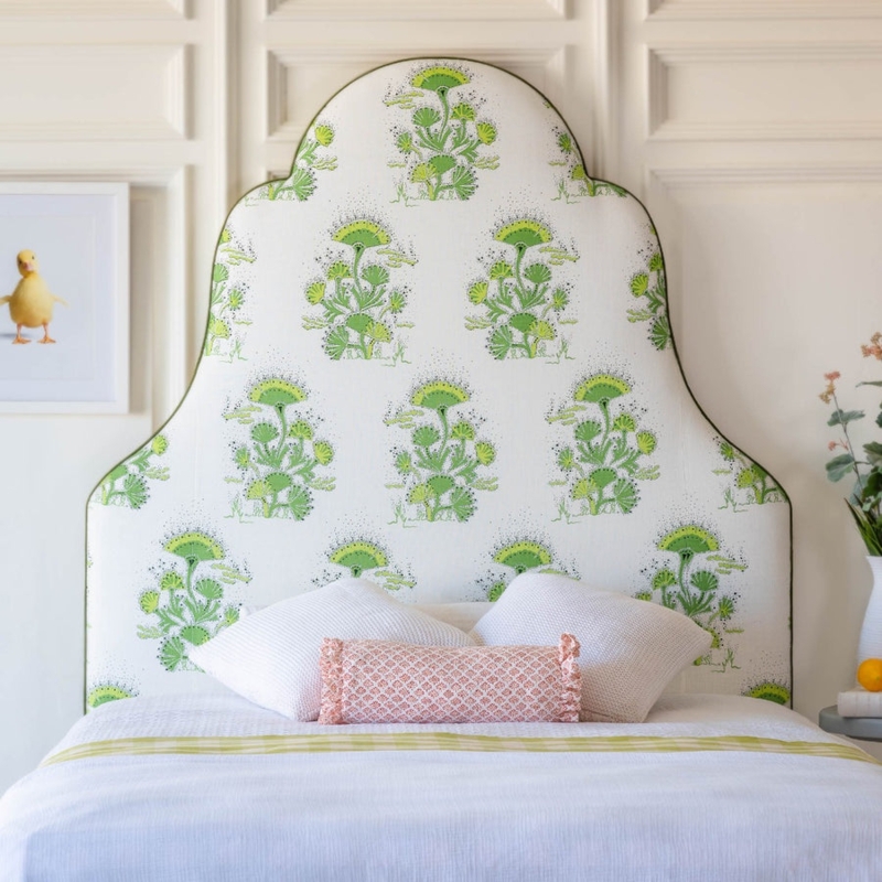 Headboard with Oversized Scalloped Top and Green Botanical Block Print