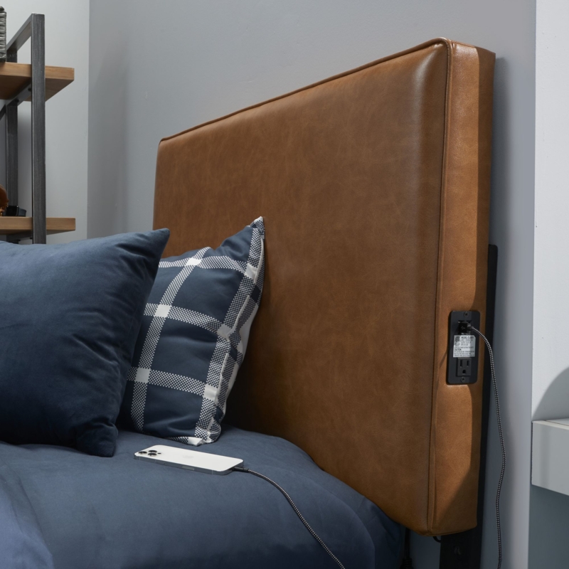 Headboard with Power Outlet Brown Faux Leather USB Charging Station