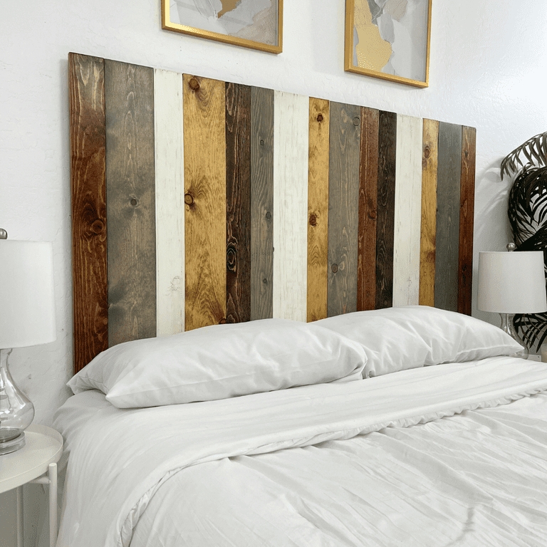 Headboard with Rustic Multi Colored Planks in a Wall Mounted Design