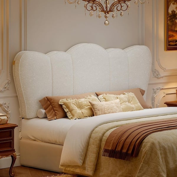 Headboard with Scalloped Crown Top, Vertical Stitching & Ivory Plush