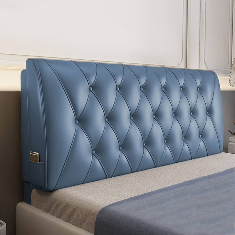 Headboard with Side Pocket Blue Faux Leather Tufted Modern Bedroom