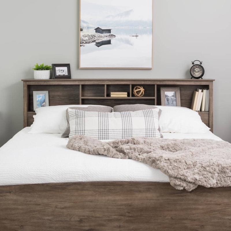 Headboard with Six Compartment Storage in Drifted Gray Finish