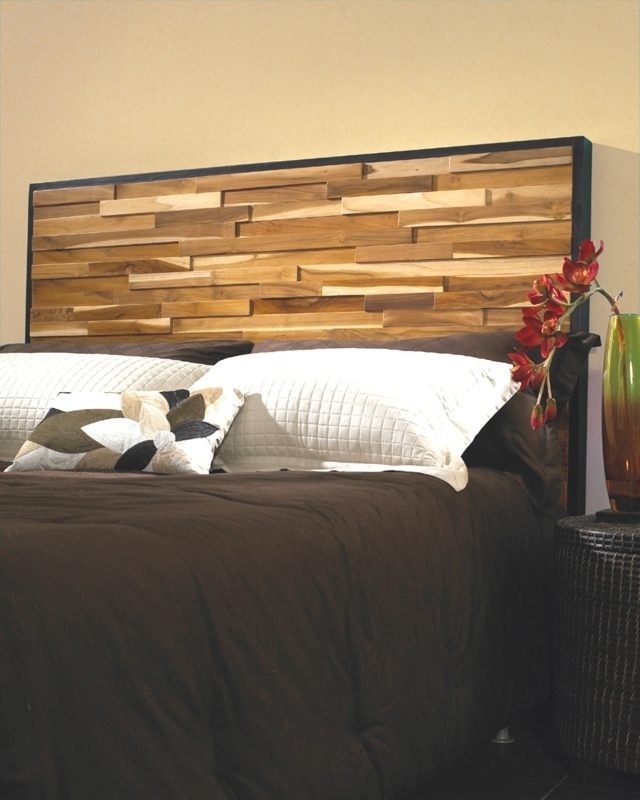 Headboard with Staggered Reclaimed Wood Planks and Slim Dark Frame