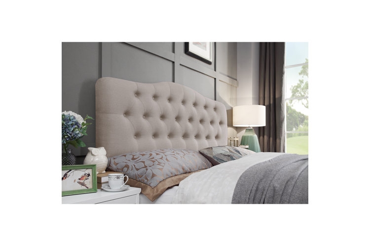 Headboard with Taupe Upholstery, Camelback Silhouette & Button Tufting