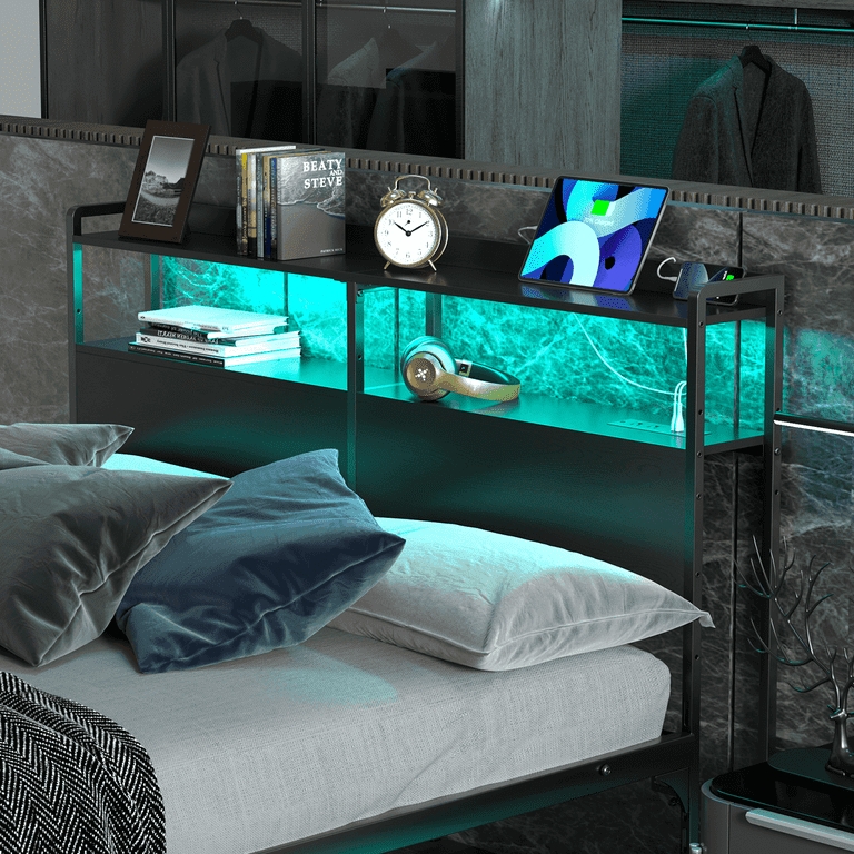 Headboard with Tiered Shelving, LED Lighting & Built-In Outlets