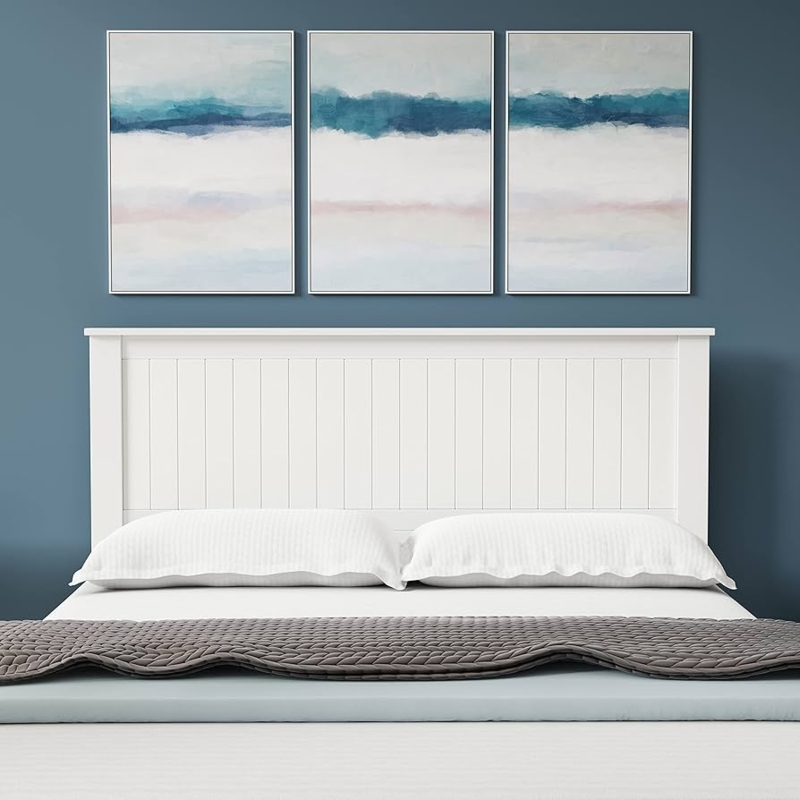 Headboard with Wainscot Paneling and Vertical Slats, White Finish