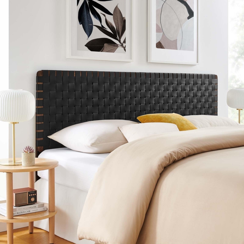 Headboard Woven Black Leather Matte Finish Modern King Size