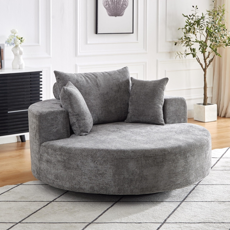 Heathered Grey Oversized Swivel Chair with Toss Pillows and Chenille