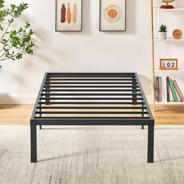 Heavy Duty Platform Bed Frame Black Metal with Six Leg Support System.