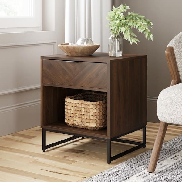 Herringbone Walnut Nightstand, Metal Base, Open Cubby, Drawer