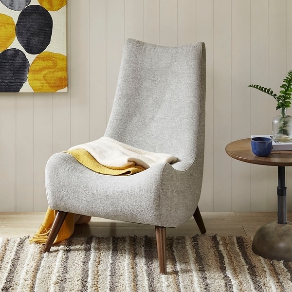 High Back Accent Chair Tan Fabric Curved Wood Frame Minimalist