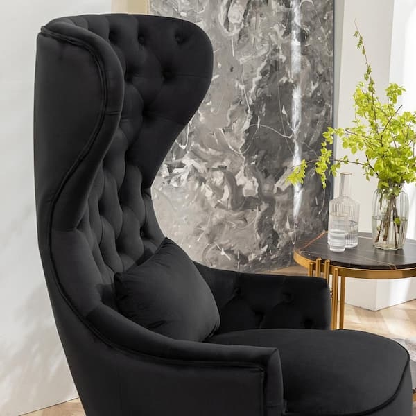 High Back Wingback Chair Black Velvet Curved Wing Silhouette Tufted