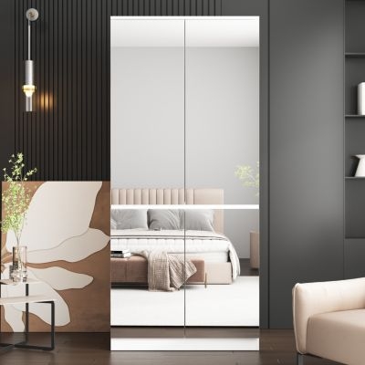 High Gloss White Wardrobe with Handleless Mirrored Doors