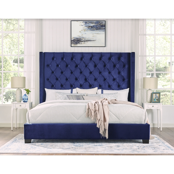 High-Profile Navy Velvet Wingback Bed with Diamond Tufting