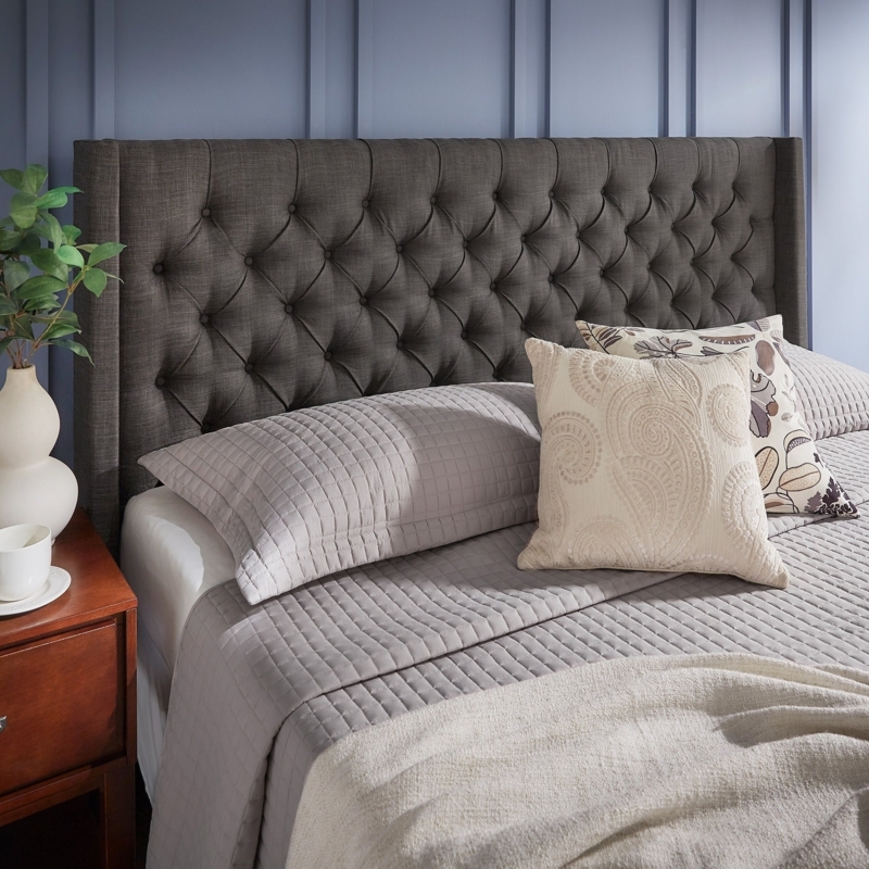 High-Profile Wingback Headboard with Diamond Button Tufting in Dark Grey