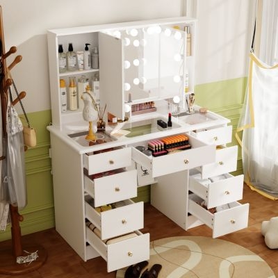 Hollywood Mirror Vanity Desk with Hidden Shelves and Nine Drawers