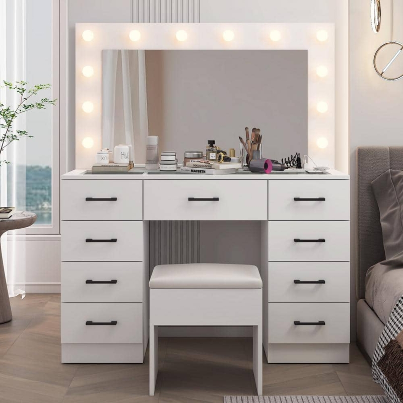 Hollywood Mirror Vanity Set with Nine Drawers & Glass Top