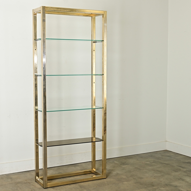 Hollywood Regency Etagere, Polished Brass Frame, Smoked Glass Base