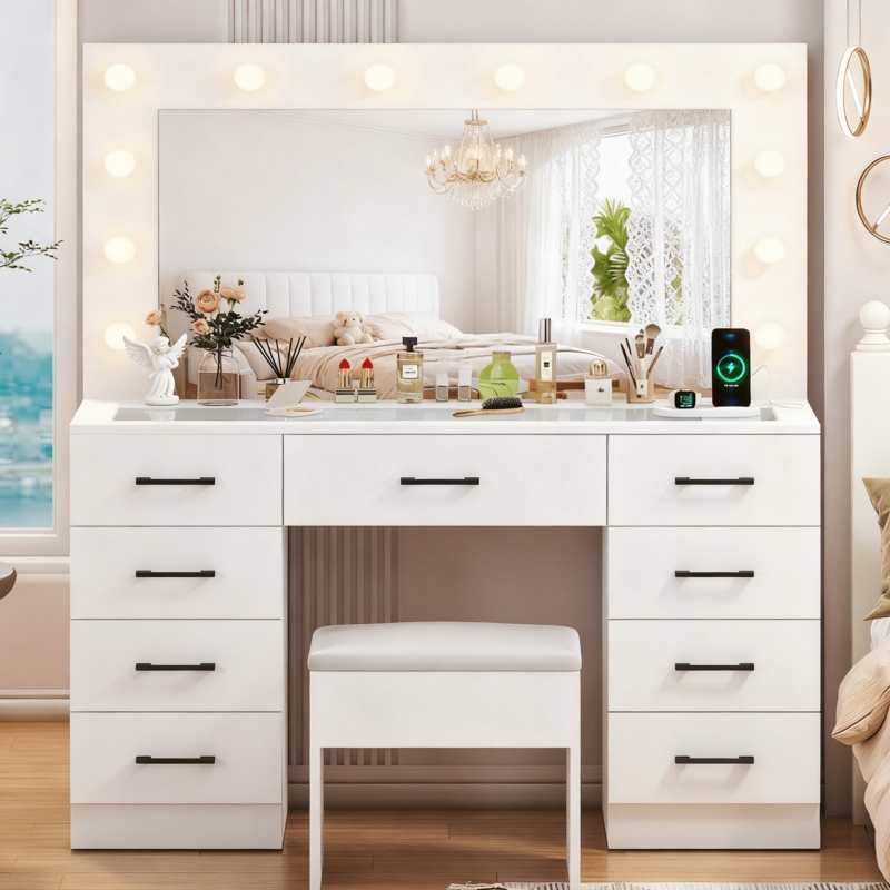 Hollywood Vanity Set with Nine Drawers, Glass Top & Charging Station