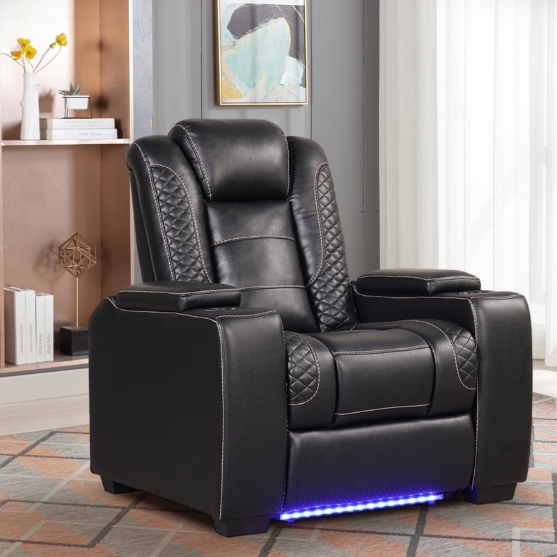 Home Theater Recliner Chair With Blue LED Lighting And Quilted Stitching