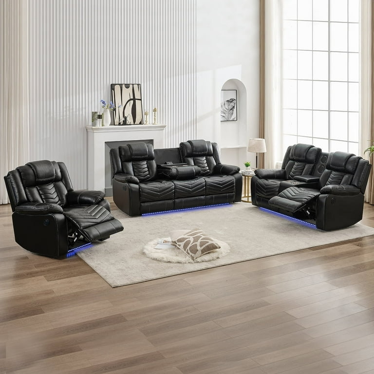 Home Theater Seating Set with Chevron Stitching and Blue LED Accents