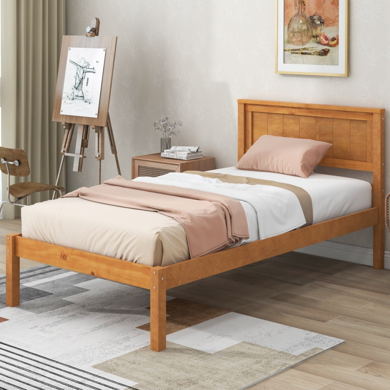 Honey Oak Platform Bed with Paneled Headboard and Low Profile