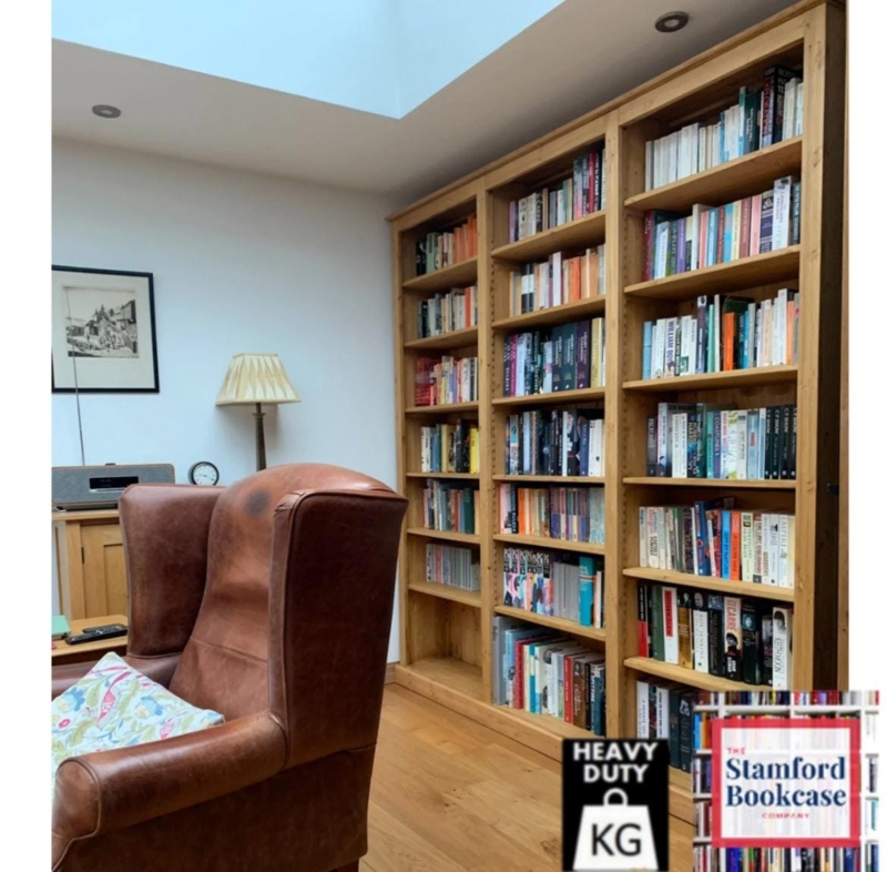 Honey Toned Bookcase Triple Bay Design with Adjustable Wood Shelving