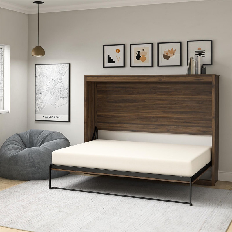Horizontal Murphy Bed in Dark Wood Veneer with Minimalist Leg