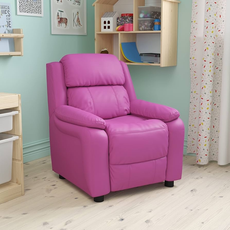 Hot Pink Kids Recliner with Storage Arms, Vinyl Upholstery