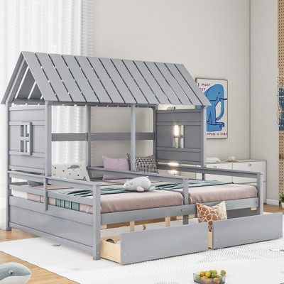 House Bed Gray Wood Underbed Storage Window Cutouts Scandi Style
