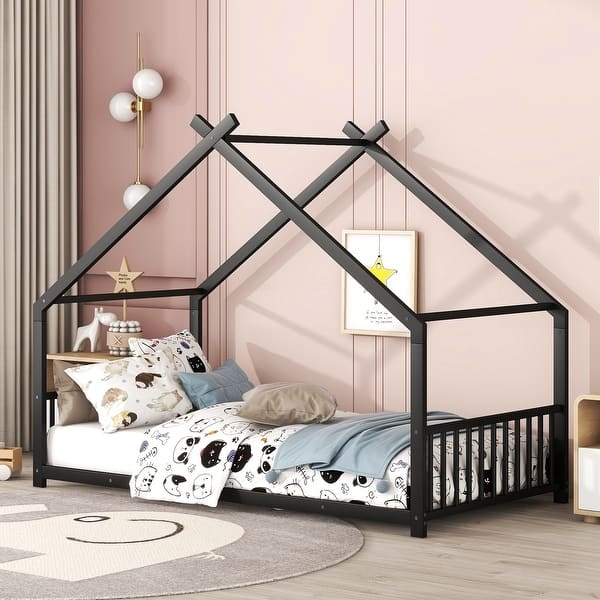 House Bed Modern Black Metal with Whimsical House Shaped Frame