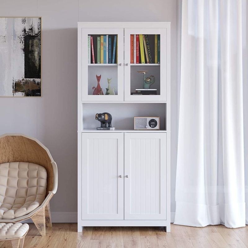 Hutch Display Cabinet with Open Niche and Beadboard Panels