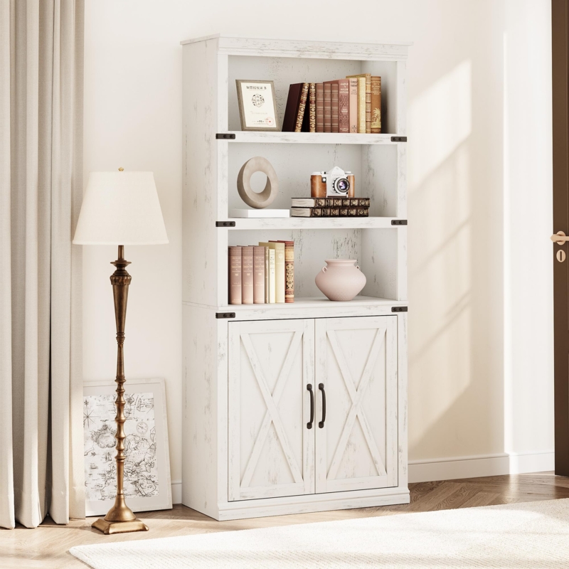Hutch-Style Bookcase, Whitewashed Finish, X-Brace Cabinet Doors