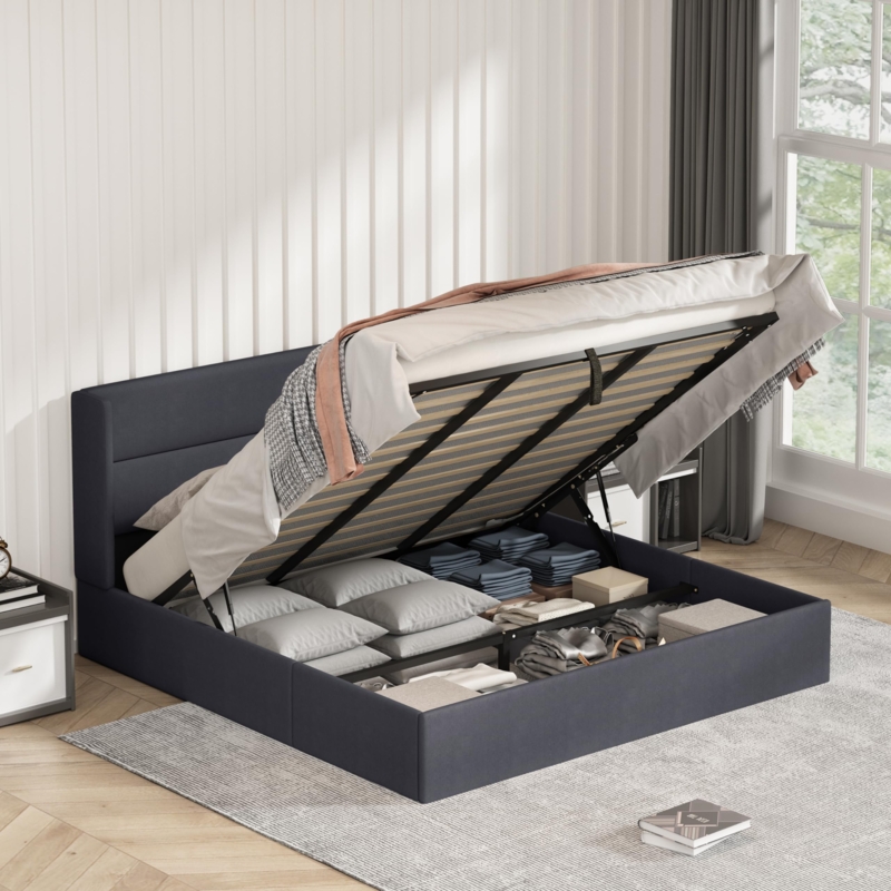 Hydraulic Lift Storage Bed Dark Grey Upholstered Channel Tufted Headboard