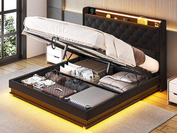 Hydraulic Lift Storage Bed with LED Lighting and Bookcase