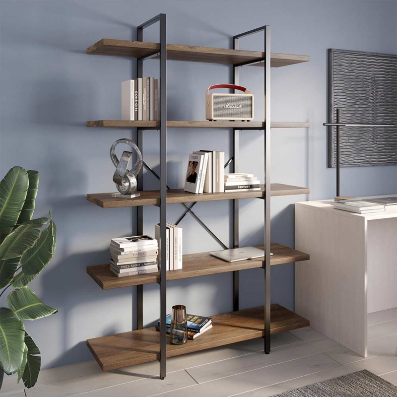 Industrial 5-Tier Bookshelf with X-Bar Support Rustic Wood-Toned