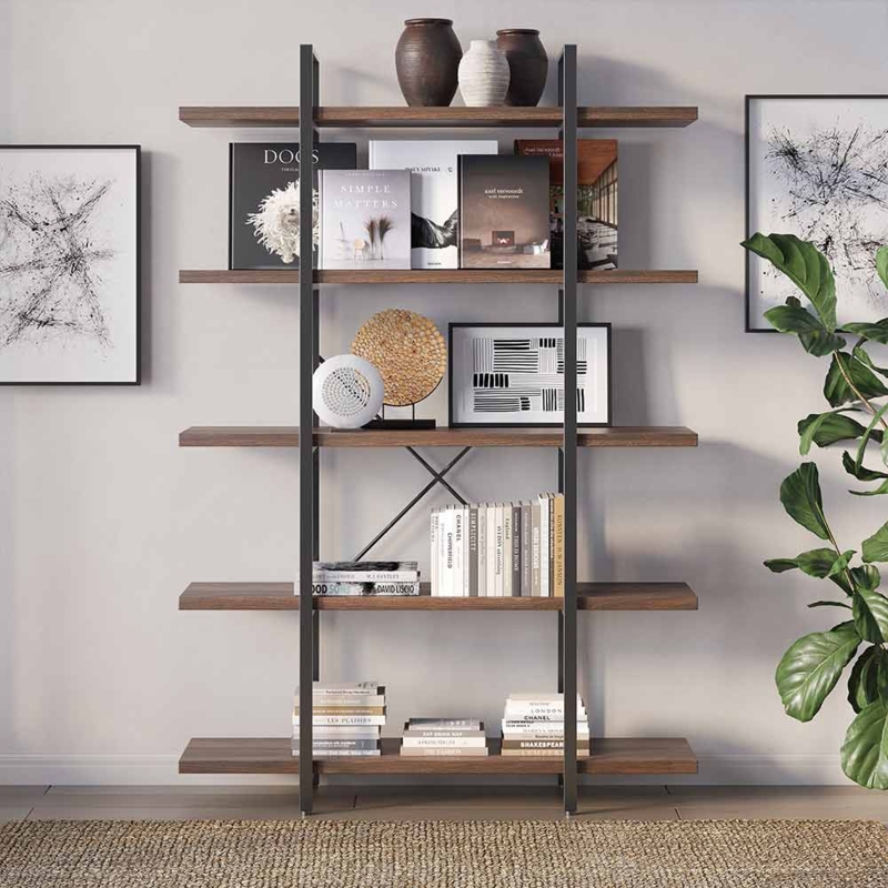 Industrial 5-Tier Etagere Bookcase, Metal and Wood X-Frame Support.
