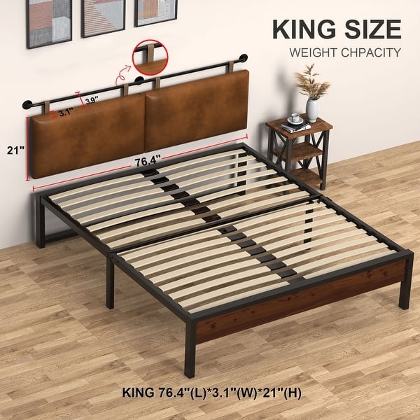 Industrial Bed Frame with Hanging Faux Leather Headboard Cushions