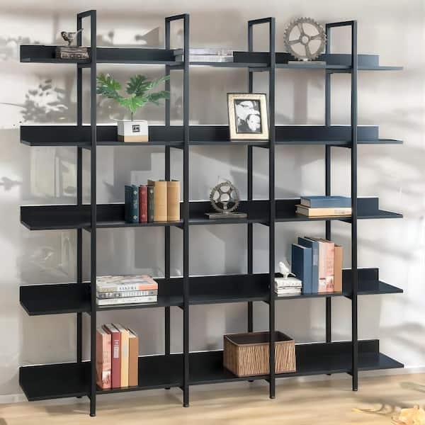 Industrial Black Bookcase, Modular Grid Structure, Wide Open Shelving