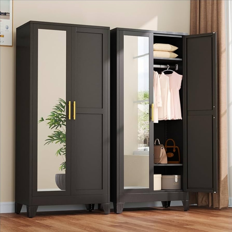 Industrial Black Metal Armoire with Mirrored Doors and Gold Accents