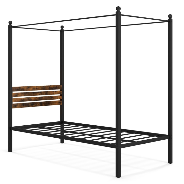 Industrial Black Metal Canopy Bed Frame with Wood Slat Headboard