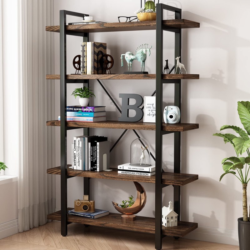 Industrial Bookcase with Distressed Wood Finish and Metal Frame