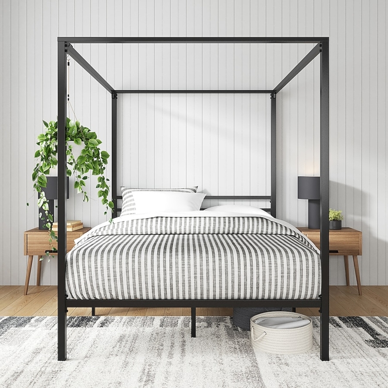 Industrial Canopy Bed Metal Slat Headboard Clean Lines Cozy (68 characters)