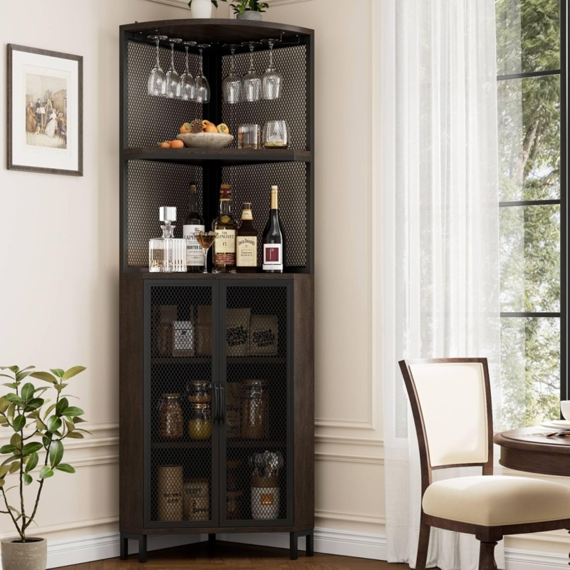 Industrial Dark Wood Corner Bar Cabinet with Metal Mesh Double Doors